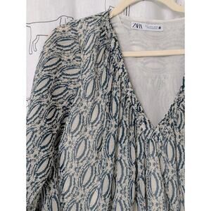 Zara Top Womens M Ivory Teal Metallic Crop Sheer Gauzy Fairy Romantic Bubble